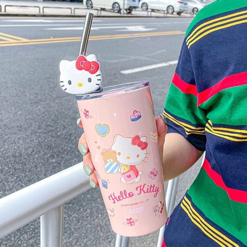 Sanrio Hello Kitty Straw Cup – Cinnamoroll, Cute Cartoon Kuromi, Heat Preservation, Cold Insulation, Stainless Steel Water Cup, Perfect Gifts