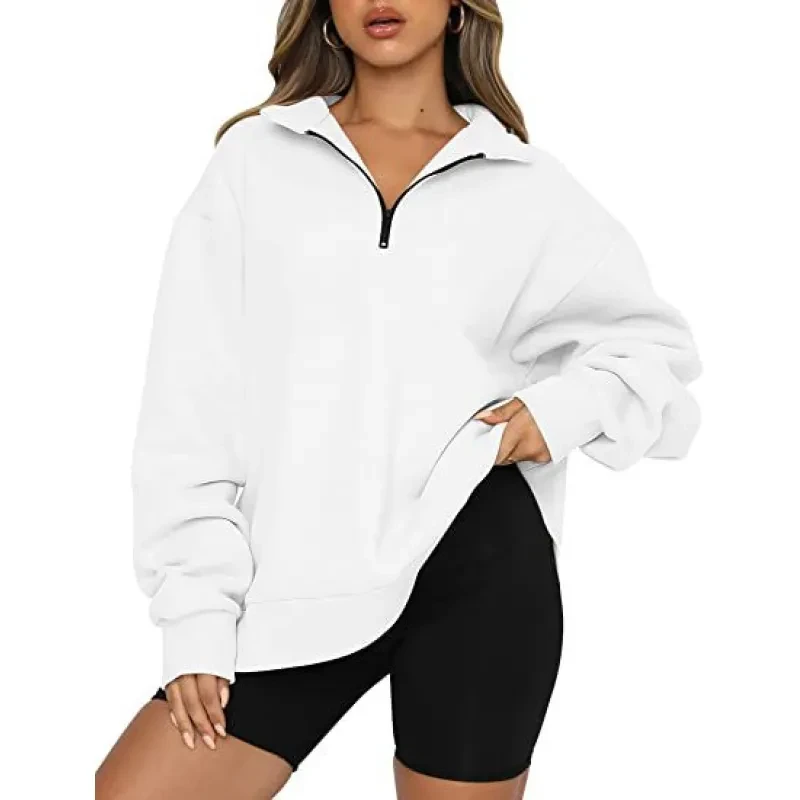 Women Sweatshirts Zip Turndown Collar Loose Casual Tops Clothes
