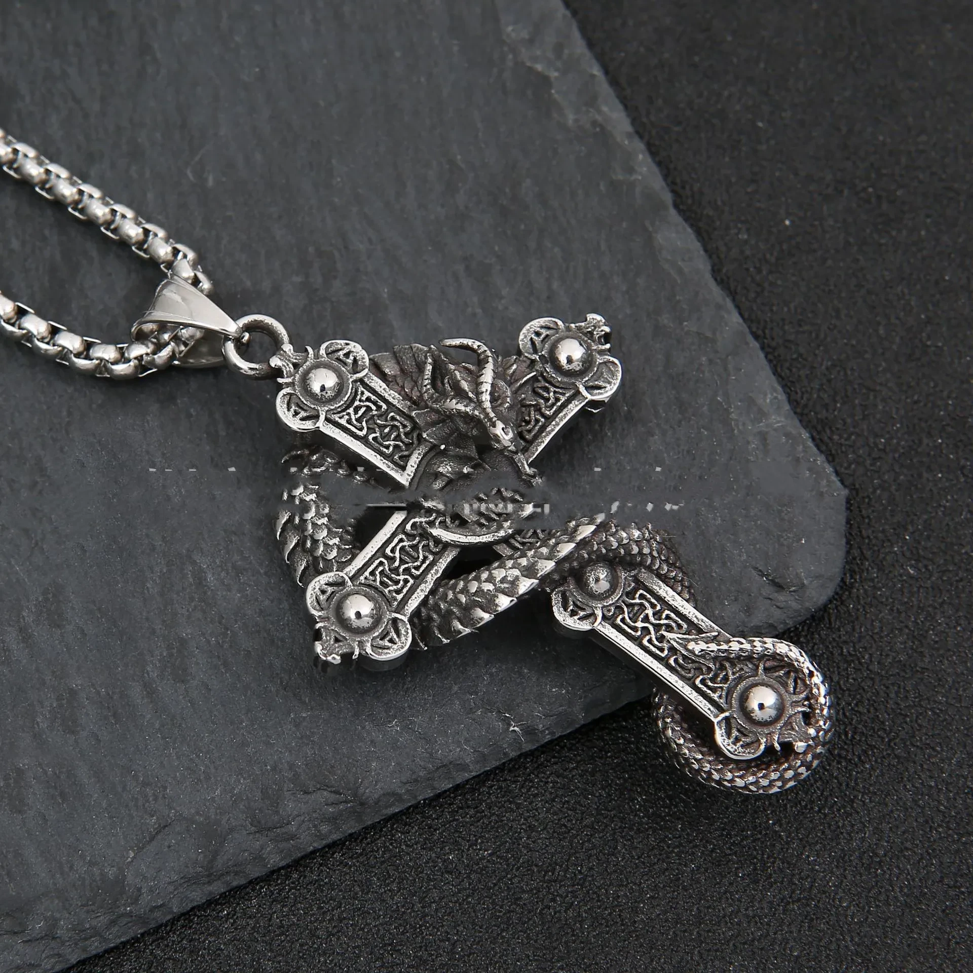 European And American Stainless Steel Necklace Cross Dragon Pendant