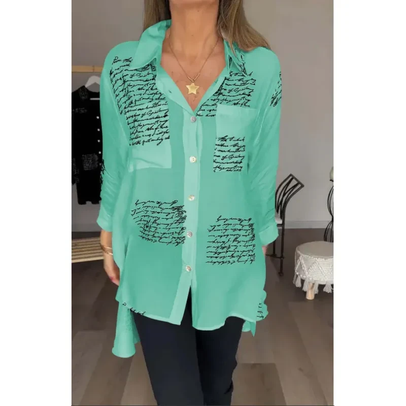 Letter Print Long Sleeve Shirt Fashion Commuter Style Lapel Shirt Women's Clothing