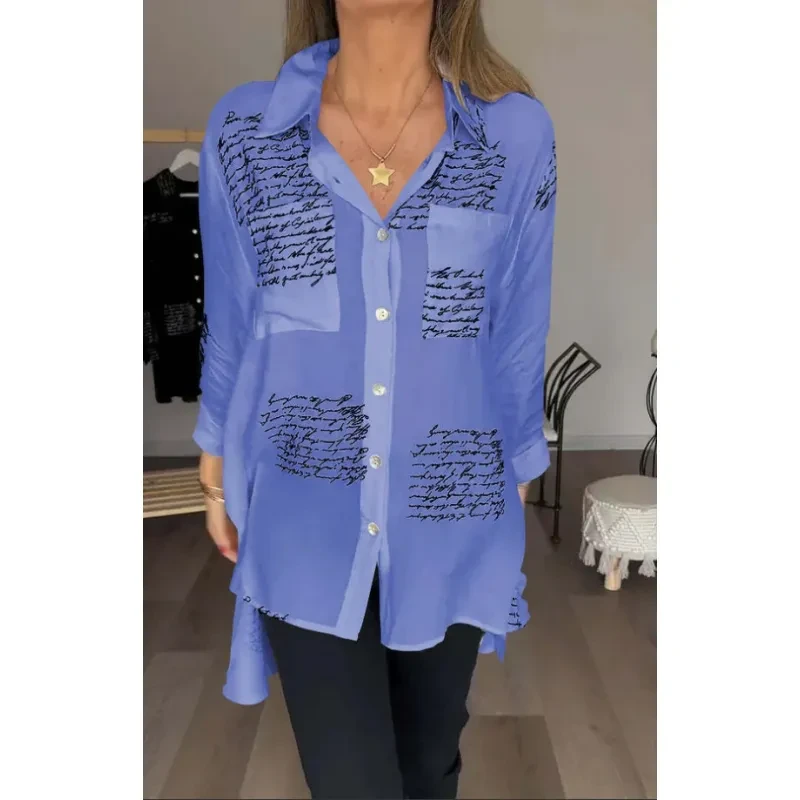 Letter Print Long Sleeve Shirt Fashion Commuter Style Lapel Shirt Women's Clothing