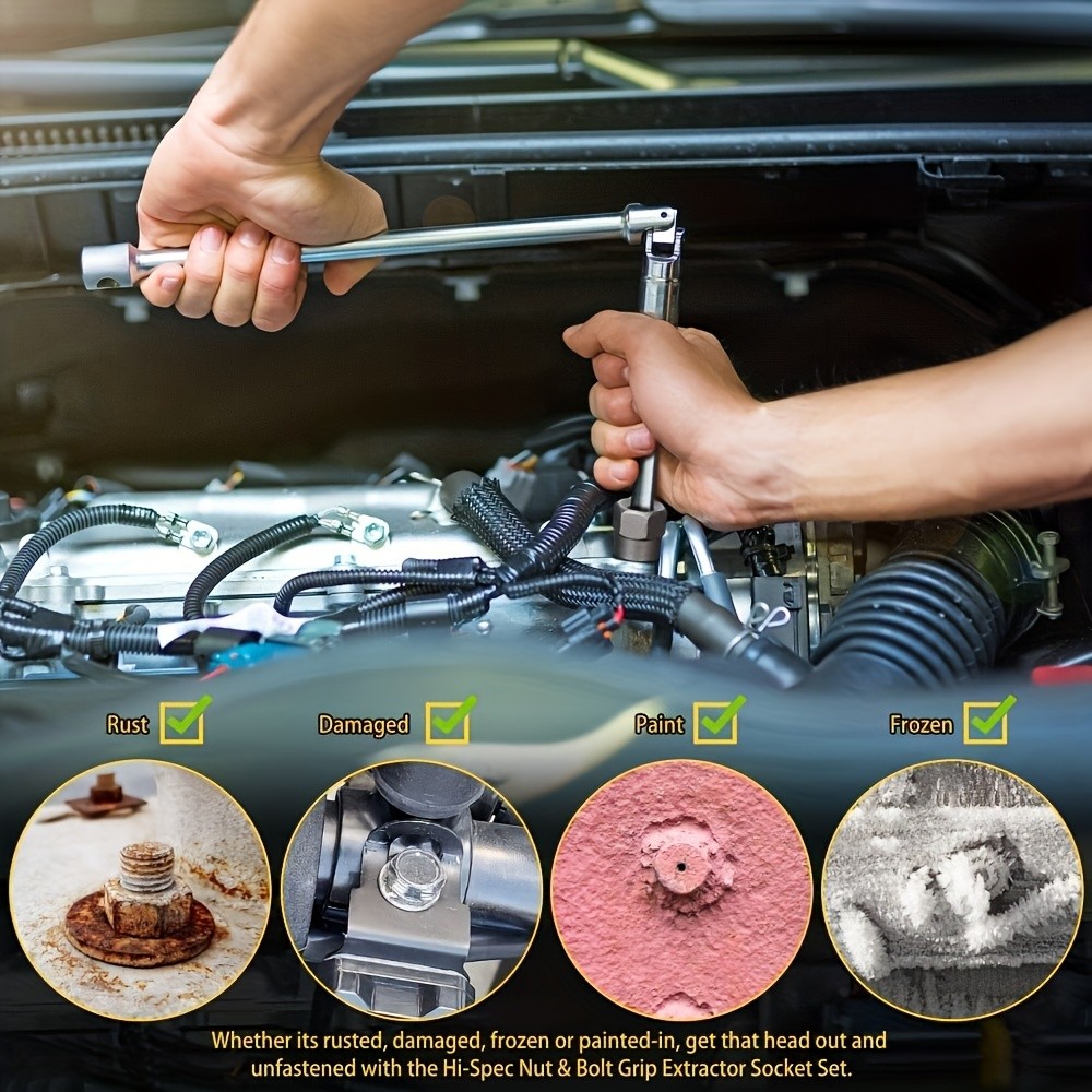 15pcs Nut Extractor Set, 13pcs Bolt and Nut Remover Kit, 1pc Iron Bar, 1pc 1/4'' to 3/8'' Drive Hexagonal Socket Adapter