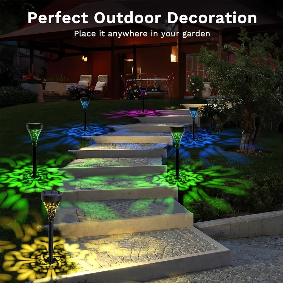 4pcs Outdoor Solar LED Ground Stake Lights  Adjustable Warm Yellow/RGB Gradient Light, Durable Plastic, Motion Sensor, Suitable for Patio, Deck, Walkway, and Garden Illumination