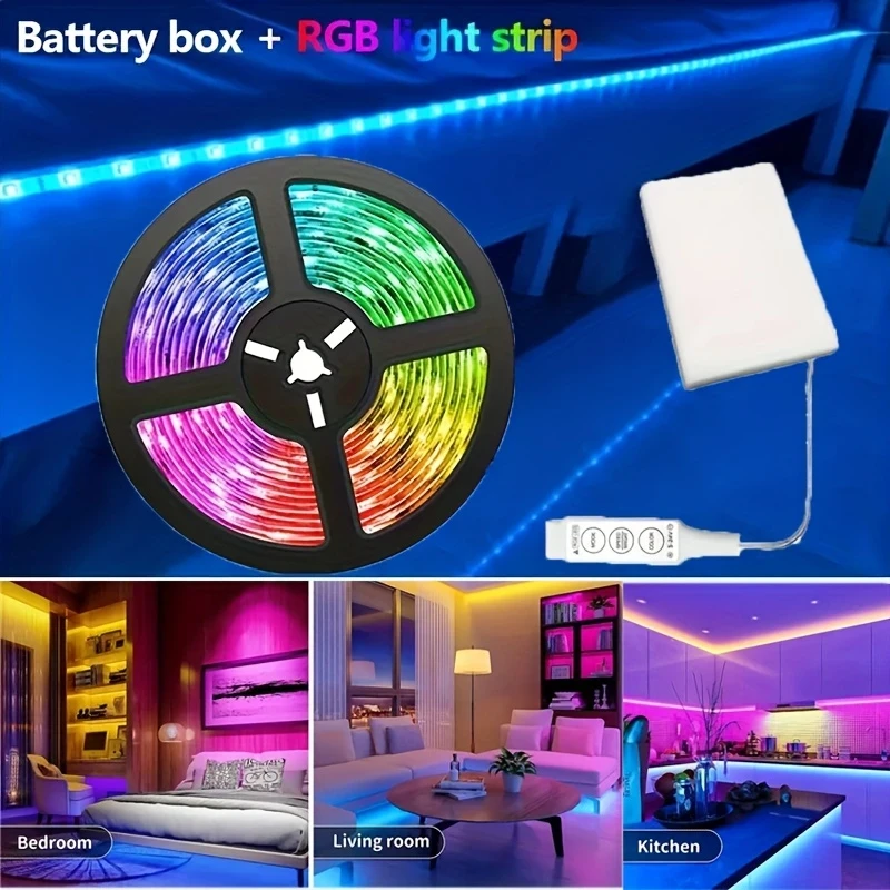 199.9/500.13 cm RGB Smart LED Strip 5V-3535 Indoor/Outdoor Strip with 3-Key Remote Control, Battery Box (No Battery Included), Perfect for Bedroom, Living Room, Party Decoration, Ideal Gift