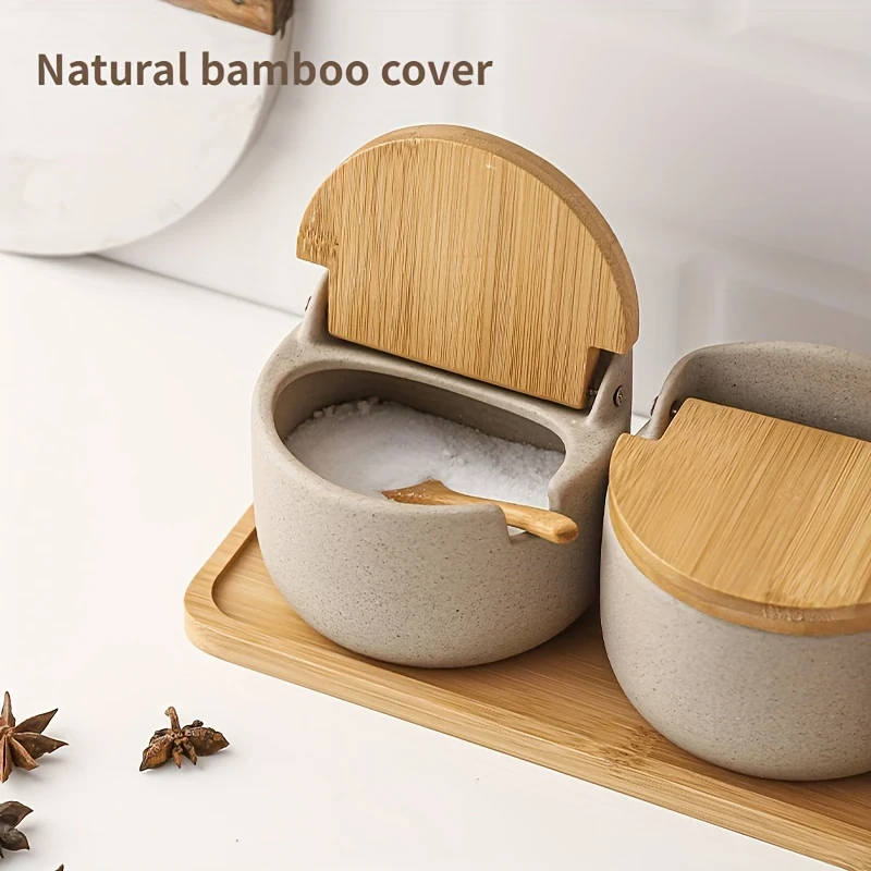 Japanese Ceramic Bamboo and Wood Lid Seasoning Jar Set Elegant and Practical Storage for Salt, Sugar, and Spices