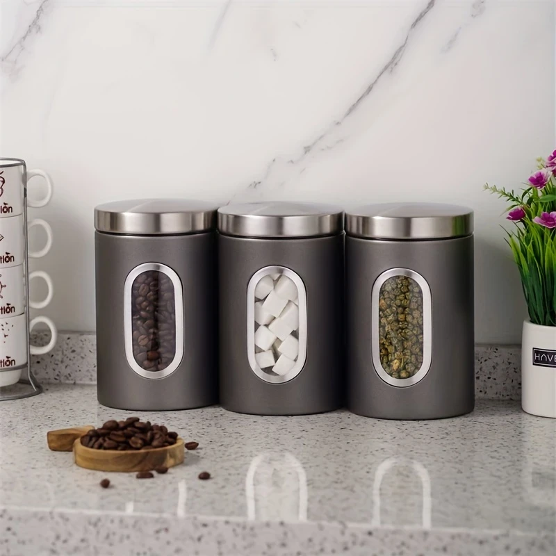 3pcs Black/Gray Food Containers for Coffee, Sugar, Tea, and Beans Airtight Storage Cans for Kitchen Organization