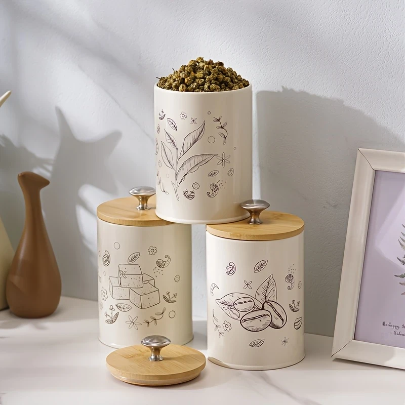 3pcs/Set Coffee, Sugar, Tea Storage Jar with Bamboo Lid  Airtight Round Containers for Kitchen Countertops
