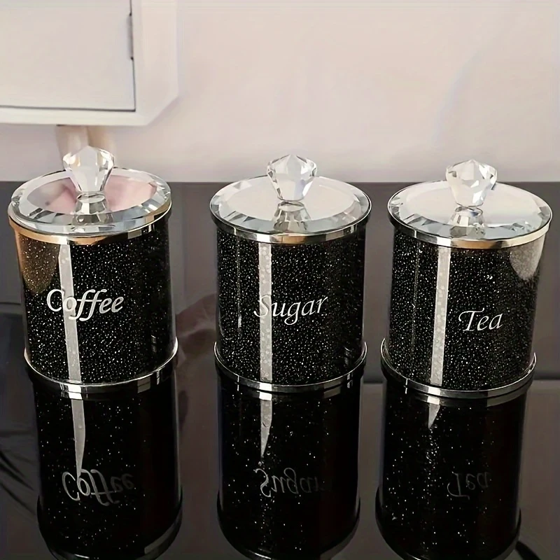 1 Set of 3 Pcs Glass Candy Jar  European Style Crystal Glass Tea, Coffee, Sugar, Dried Fruit, and Seasoning Storage Jar Set