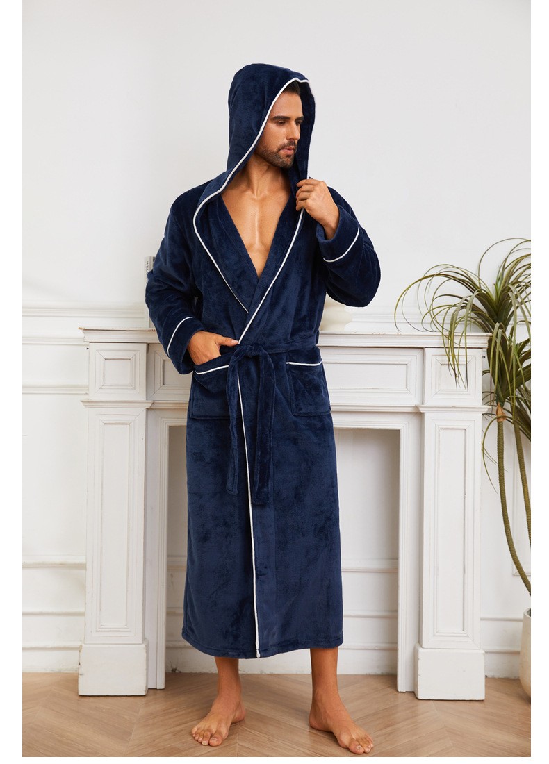 Fashion Men's Flannel Bathrobe Pajamas Women Navy Blue