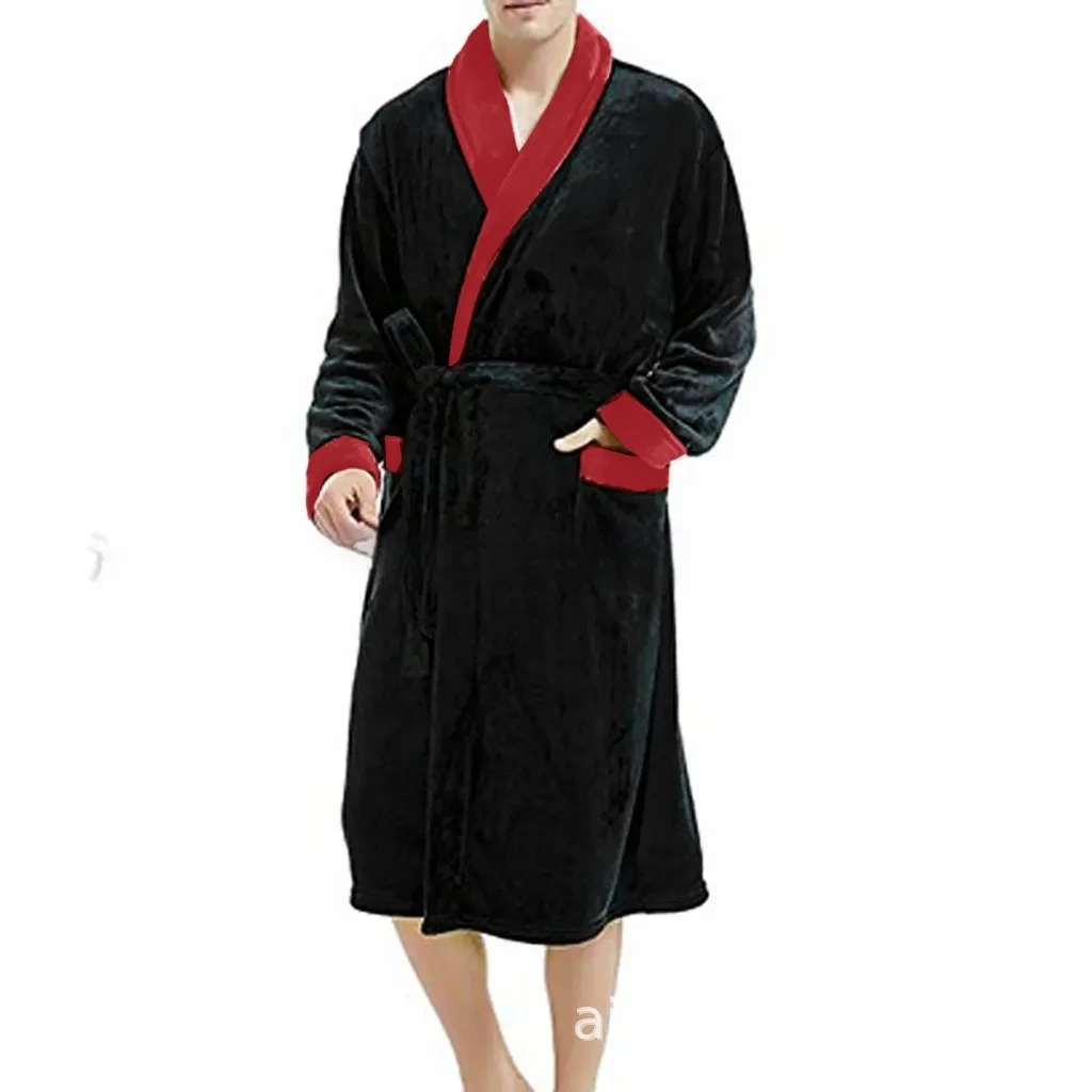 Men's Large Size Bathrobe Long Sleeve Nightgown Lapel Black And Red Combo