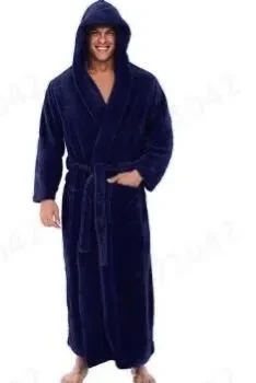 Warm Men's Plus Size Thick Hooded Long Sleeve Nightgown Dark Blue
