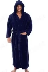 Warm Men's Plus Size Thick Hooded Long Sleeve Nightgown Dark Blue