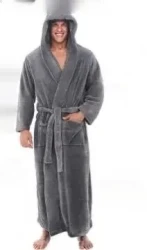 Warm Men's Plus Size Thick Hooded Long Sleeve Nightgown Gray