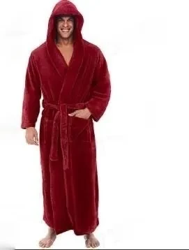 Warm Men's Plus Size Thick Hooded Long Sleeve Nightgown Red