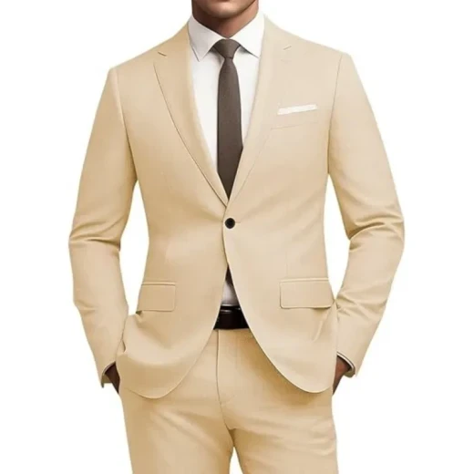 Men's Versatile Solid Color Business Jacket Long Pants Set Champagne color