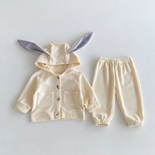 Girls' Rabbit Ears Hooded Coat Trousers Two-piece Set
