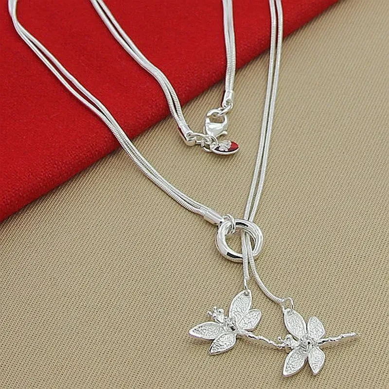 Silver plated double dragonfly necklace