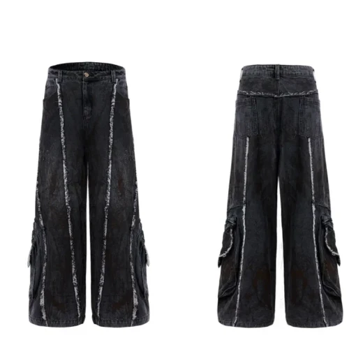 Raw Edge Splash-dyeing Distressed Padded Shoulder Denim Coat Black Pants