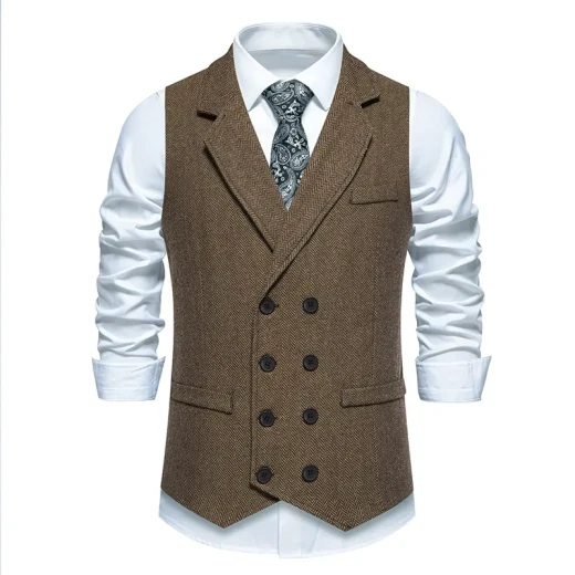 Men's Herringbone Tweed Suit Vest Retro Lapels Double Breasted Vest Brown