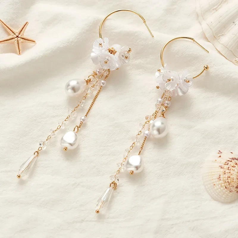 Female Pearl Tassel Earrings Flower Earrings