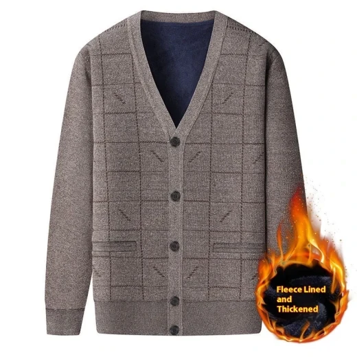 Middle-aged And Elderly Men's Sweater Cardigan Autumn And Winter Dad Wear Brown With Velvet