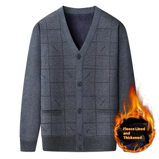 Middle-aged And Elderly Men's Sweater Cardigan Autumn And Winter Dad Wear Dark Gray With Velvet