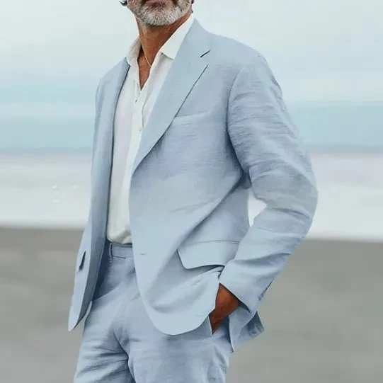 Men's Suit Casual Men's Linen Business Banquet Two-piece Suit Sky Blue