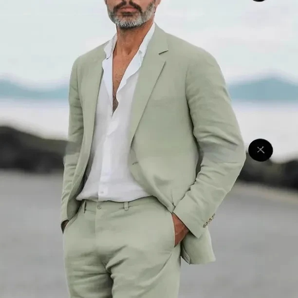 Men's Suit Casual Men's Linen Business Banquet Two-piece Suit Tender Green