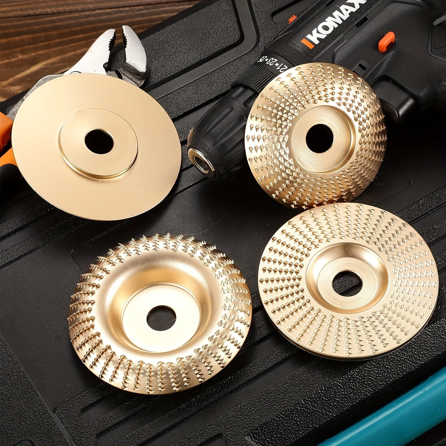 3pcs Wood Carving Disc Set 4-1/2 Inch Attachments with 5/8 Inch Arbor Grinding Wheel for Grinding and Shaping Golden