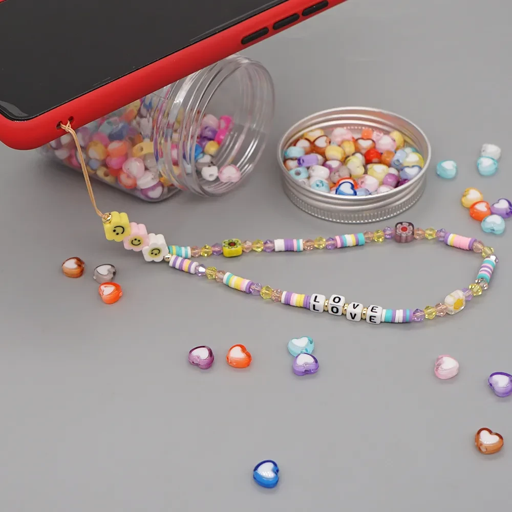 Bohemian Smiley Soft Ceramic Phone Chain Love Letter Crystal Beads Handmade Beaded Anti-Lost Mobile Phone Lanyard