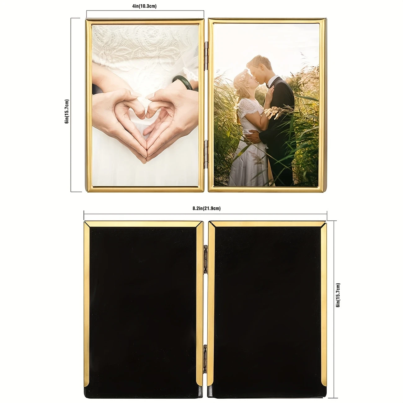 Picture Frame Double Hinged Gold Metal Thin Edge Frame with High Definition Glass Front Folding Frames Stand Vertically on Tabletop for Portraits & Landscapes