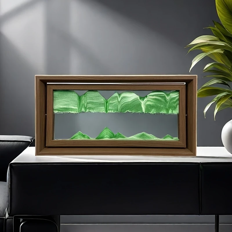 1pc 38.1cm Green High-end Furniture Decoration Unique Glass Artwork Independent Packaging Large Size 3D Sand Painting, Flippable Wooden Picture Frame, Exquisite Desktop Ornament, Suitable for Living Room, Dining Table, TV Cabinet, Office Relaxation Deco