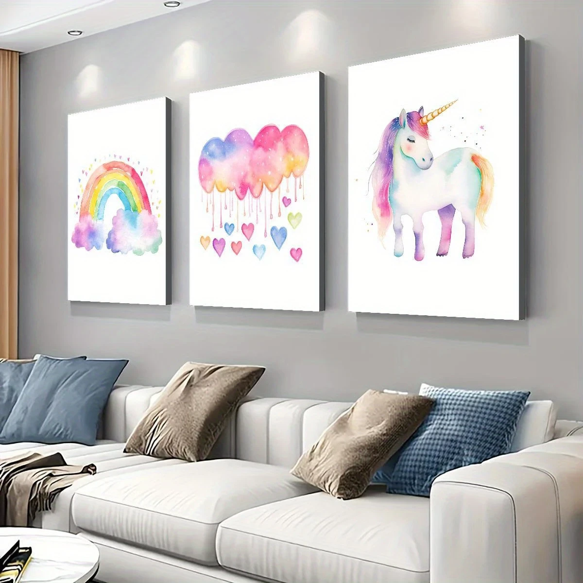 3pcs Wooden Framed Canvas Poster Unicorn, Pastel Rainbow, Dreamy Abstract Art
