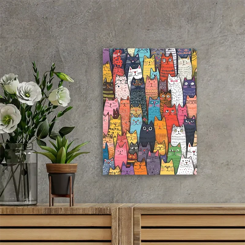 1pc Cartoon Cat Canvas Wall Art with Wooden Frame