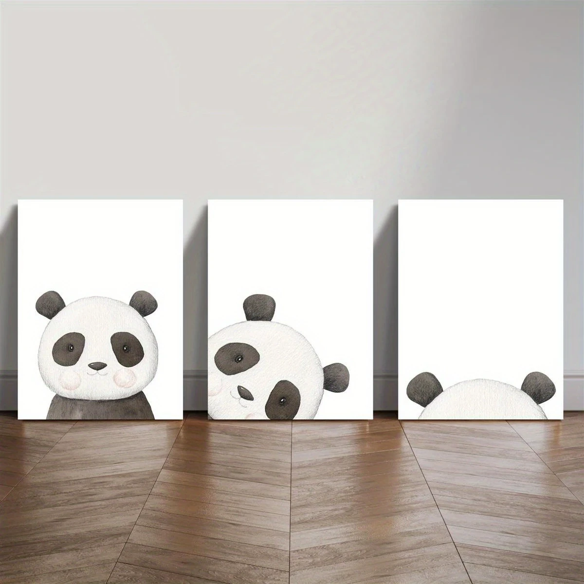 3pcs Wood Frame Canvas Print Decorative Painting  Watercolor Cartoon Panda Painting