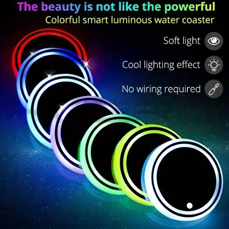 LED Car Cup Holder Lights - 7 Color Variations, USB Charging Pads & Coasters