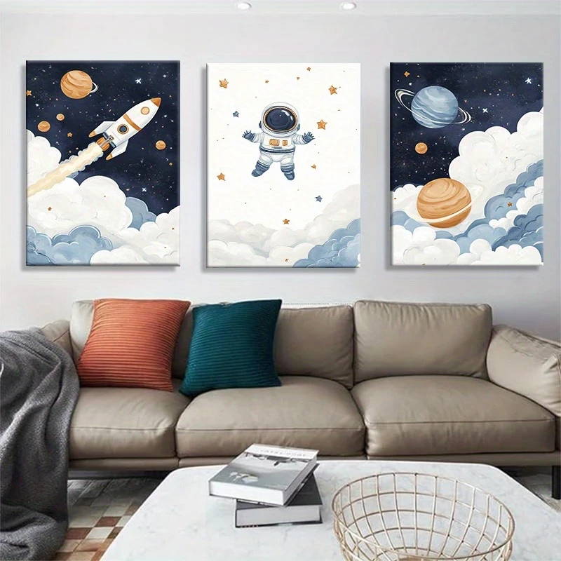 3pcs Space Adventure Wall Art  Cute Astronaut & Rocket in Outer Space Canvas Prints
