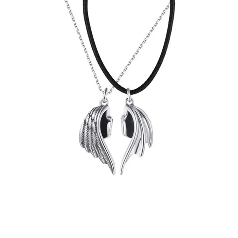 Creative Angel And Demon Couple Retro Necklace Leather Cord Charm Magnet
