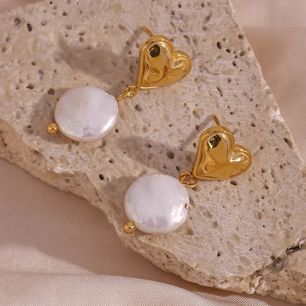 18K Gold Peach Heart Freshwater Pearl Pendant Earrings