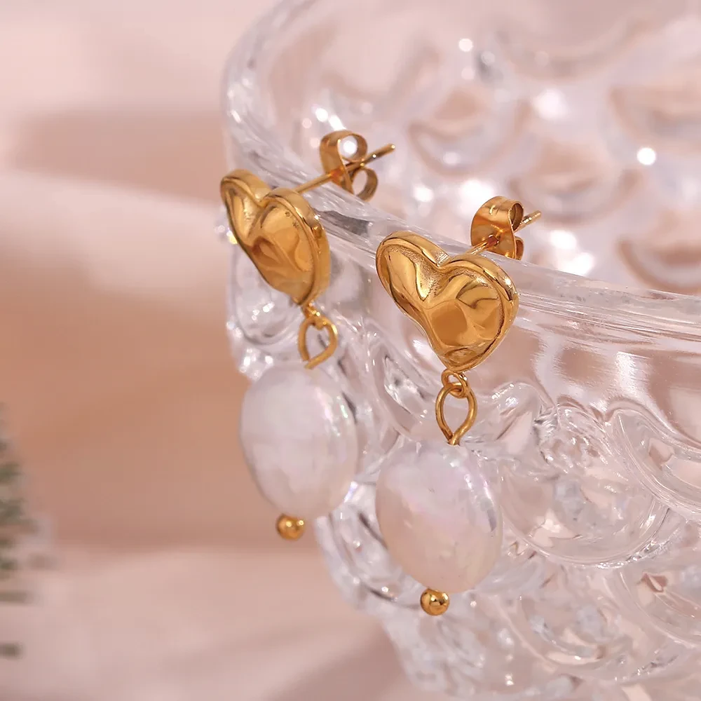 18K Gold Peach Heart Freshwater Pearl Pendant Earrings