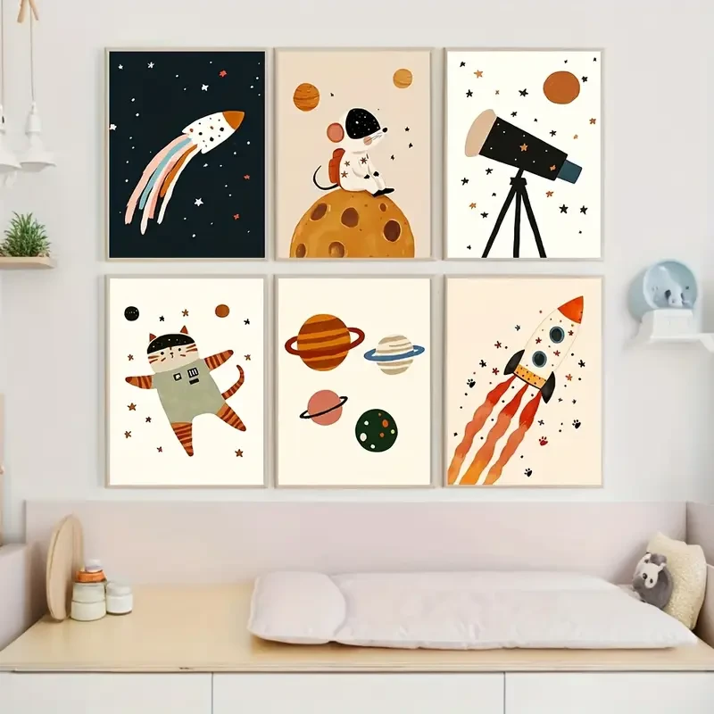 Set of 6 Unframed Outer Space Adventure Nursery Canvas Poster Print Inspiring Space-Themed Wall Art for Youngsters Rooms