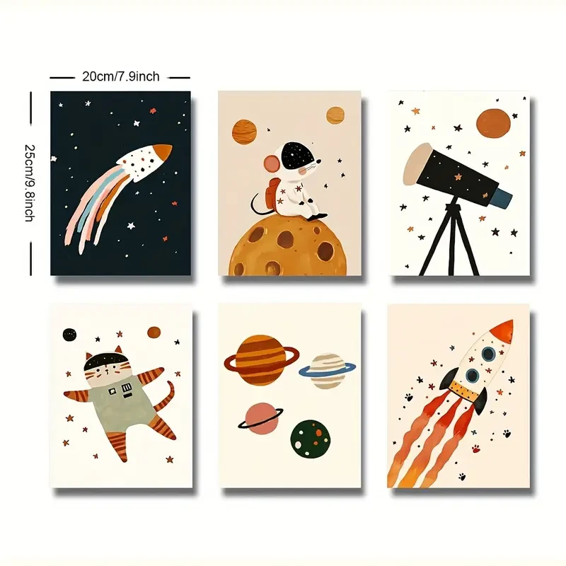 Set of 6 Unframed Outer Space Adventure Nursery Canvas Poster Print Inspiring Space-Themed Wall Art for Youngsters Rooms