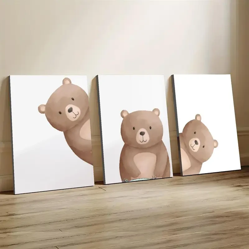 3pcs Wooden Framed Peeping Bear Nursery Print Neutral Nursery Bear Wall Art for Creative Home Decor