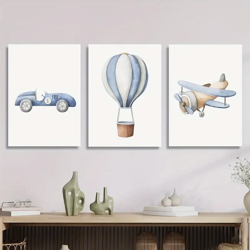 3pcs Wood Framed Canvas Print Art Cute Watercolor Vehicles and Airplanes Art for Kids Rooms