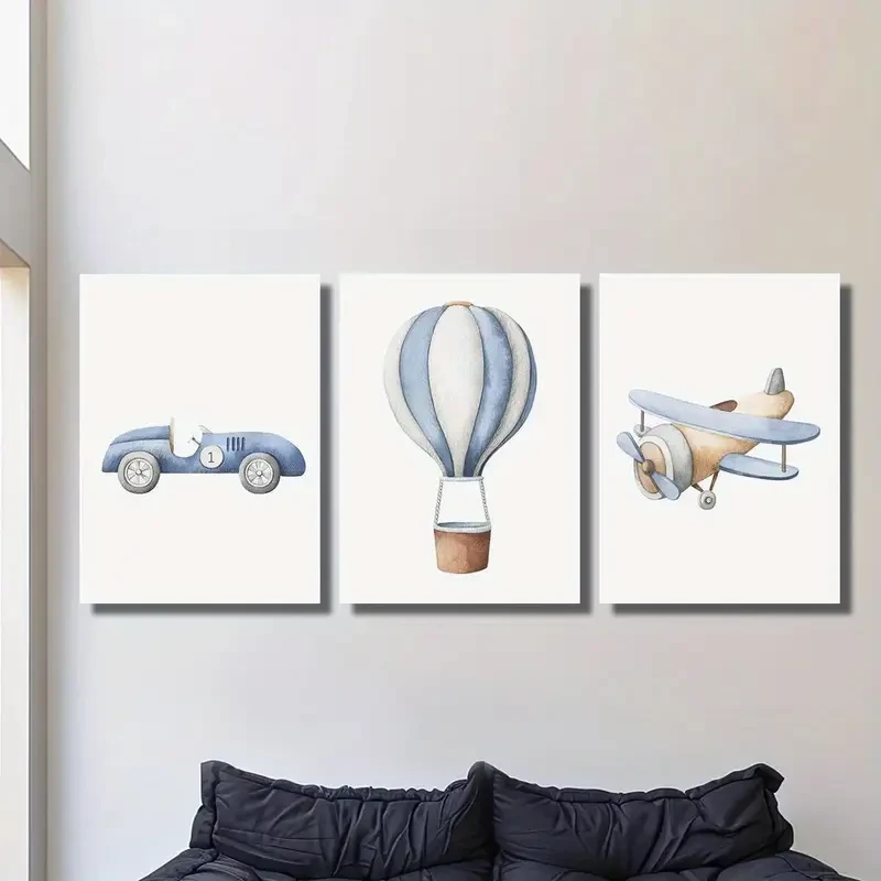 3pcs Wood Framed Canvas Print Art Cute Watercolor Vehicles and Airplanes Art for Kids Rooms