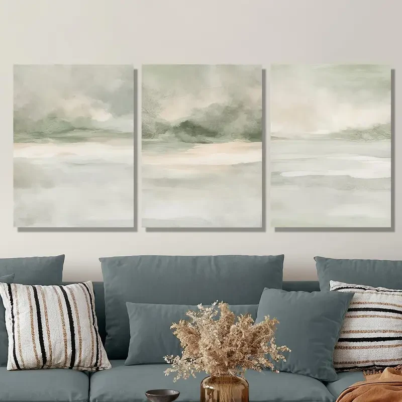 [2D Flat] 3pcs Sage Green Abstract Canvas Wall Art Set  Modern Minimalist Landscape Painting with Wooden Frame for Home, Office, Bedroom, Bathroom, and Restaurant Decor