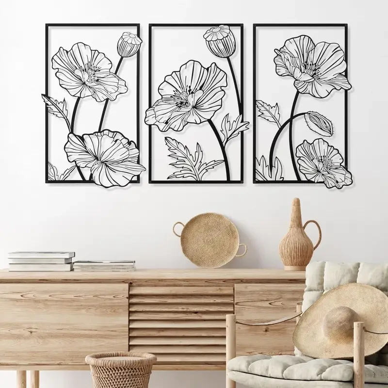 3pcs Black Metal Wall Art  Minimalist Flower Line Wall Sculpture for Bedroom, Bathroom, and Kitchen Decoration