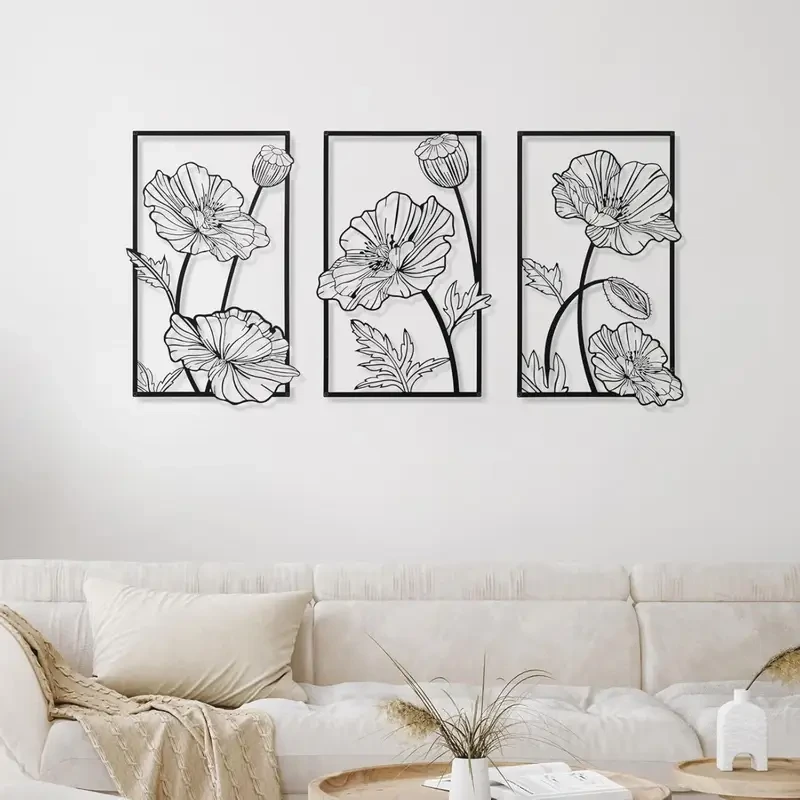 3pcs Black Metal Wall Art  Minimalist Flower Line Wall Sculpture for Bedroom, Bathroom, and Kitchen Decoration