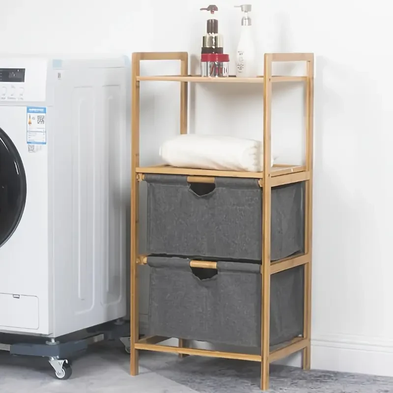 Natural Bamboo 2 Tier Storage Rack with 2 Fabric Drawers  Multifunctional Organizer Shelf for Clothes, Towels, Toys, Books & More