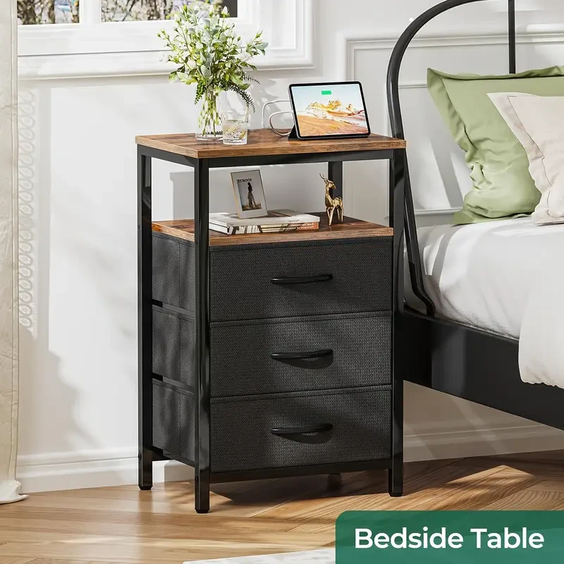 Industrial Style Metal Frame Bedside Table with 3 Fabric Storage Drawers  Multi-Purpose Nightstand Organizer for Living Room, Office, Bedroom, and More